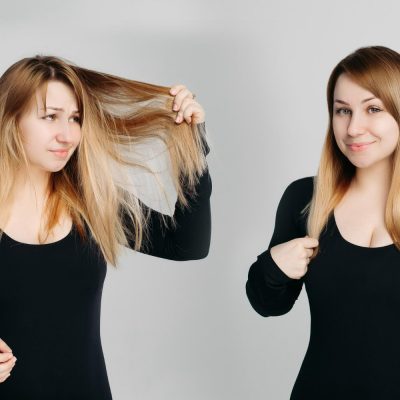 Žena před a po použití oleje na vlasy